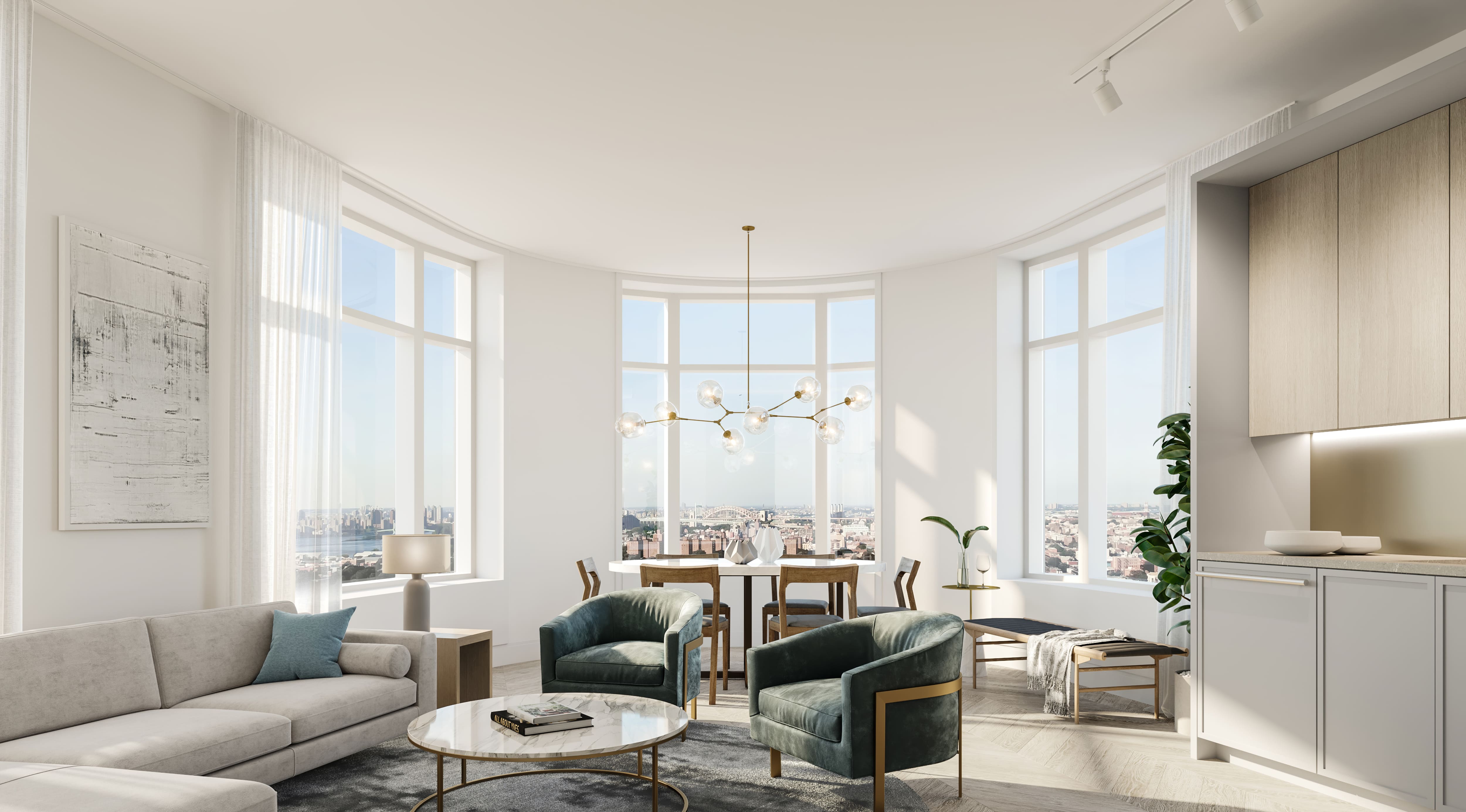 Open living room and dining room at NOVA condos in Queens. Couch next to two armchairs in front of a dining table and chairs.